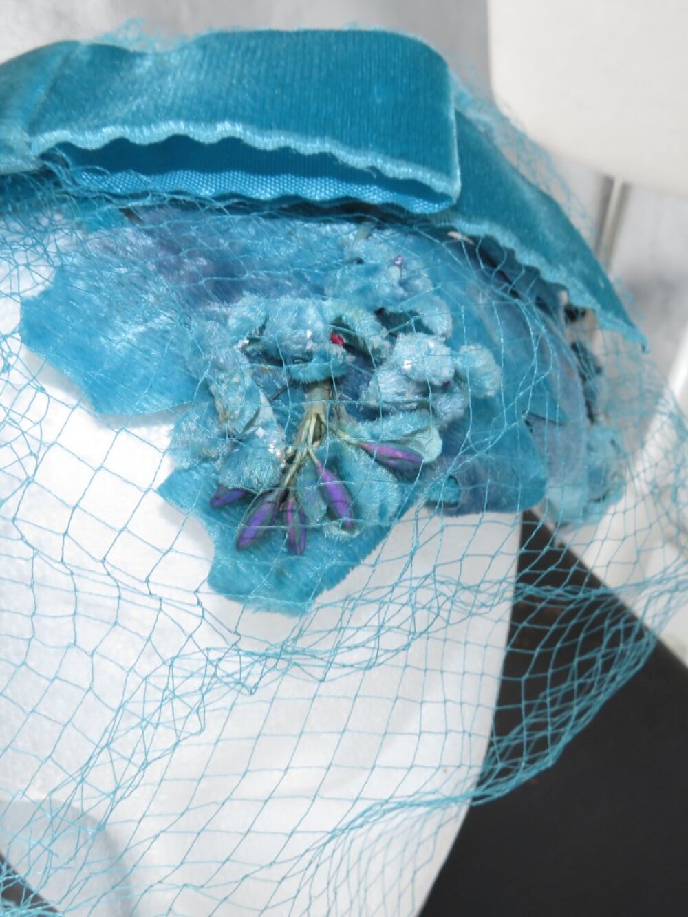 Vintage Blue Pillbox Hat Veiled Floral Fascinator Turquoise Velvet One Size OS - Picture 8 of 14